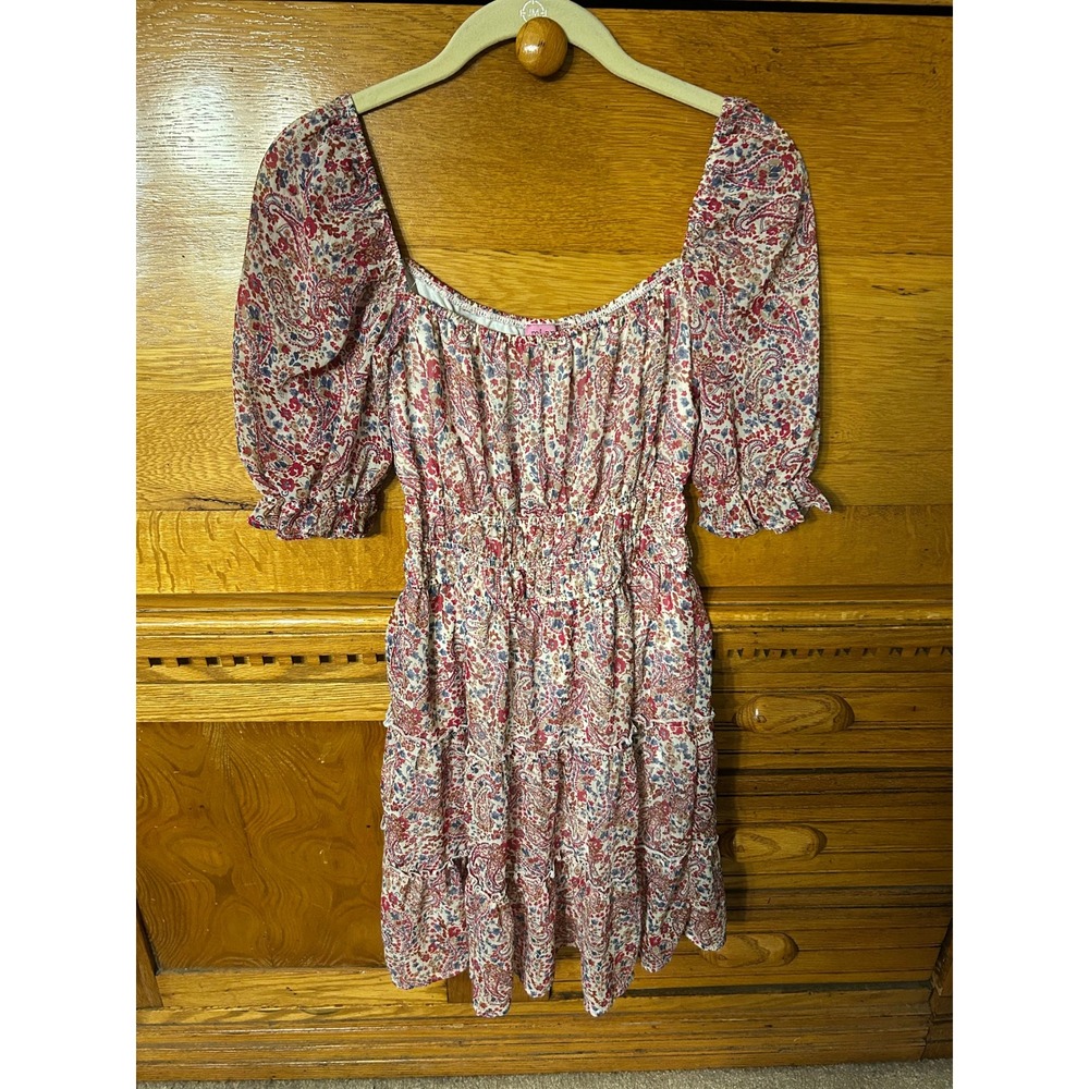 Mi Ami Francesca's Milkmaid Prairie Romantic Paisley Floral Smocked Mini Dress